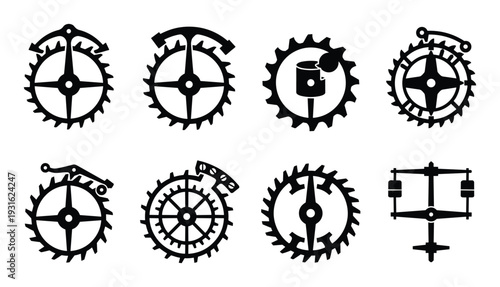 Collection of clock mechanism gears and escapements isolated on transparent background