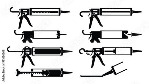 Collection of black silhouettes of caulking guns and sealant applicators