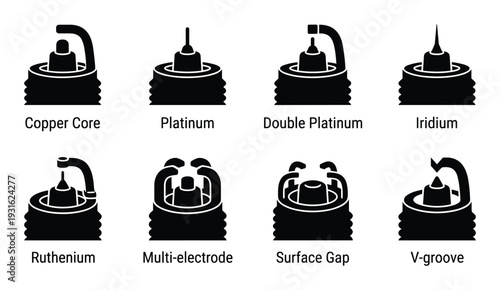 Collection of different spark plug types with names for engine illustration