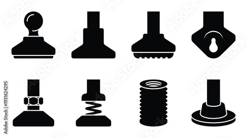 Collection of eight black suction cups and plungers with handles, isolated on transparent background, different shapes