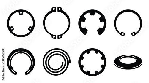 Eight black circlips and retaining rings of various types, isolated on transparent background, mechanical fasteners