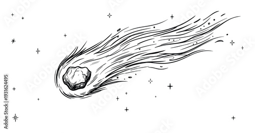 Falling comet in doodle style, hand drawn meteor, cosmic body isolated on transparent background
