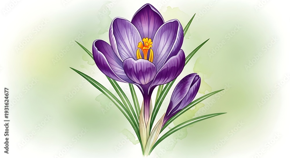 Obraz premium Beautiful purple flower with green leaves illustration
