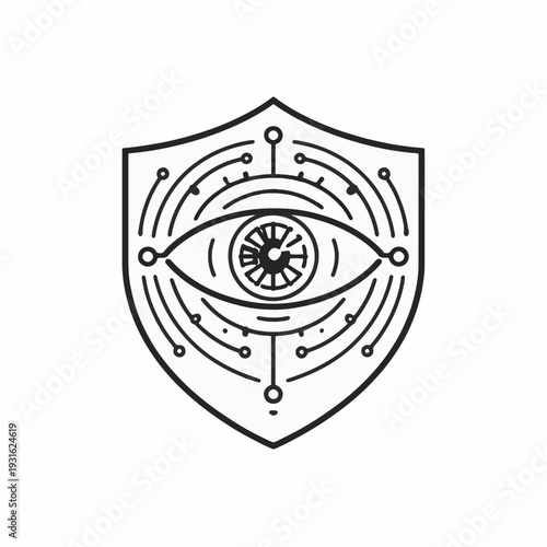 A symbolic shield emblazoned with an eye, rendered in stark black and white, conveys themes of surveillance, protection, and the ever-watchful gaze of technology.