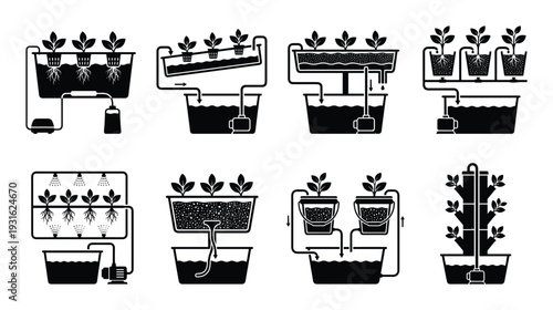 Hydroponic system diagrams showing different plant growth methods