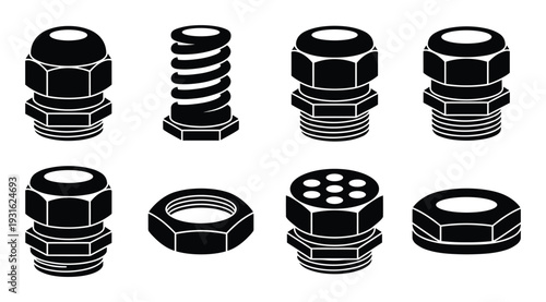 Industrial cable gland and connector icons set for electric wire assembly