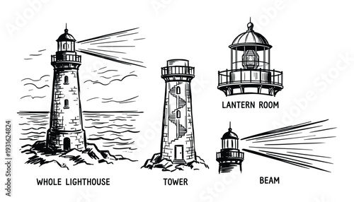 Lighthouse diagram showing tower lantern room and light beam vector illustration