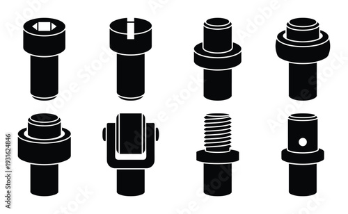 Machine parts and mechanical bolts icons for industrial engineering design