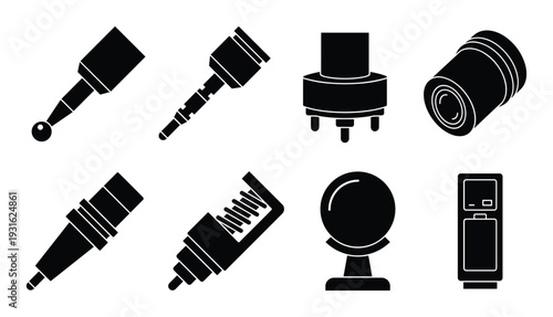 Mechanical components and electronic hardware equipment silhouette icons
