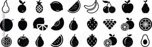 Collection of fresh fruit icons in black silhouette style featuring apple, banana, watermelon, pineapple and citrus symbols isolated on white background vector set