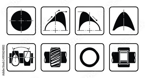 Mechanical engineering icons set, technical symbols and diagrams for industrial design and construction