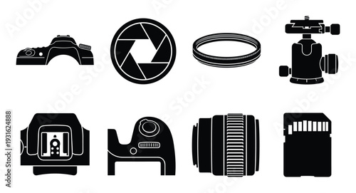 Modern digital camera parts and photography accessories silhouette set on transparent background