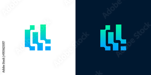 Modern abstract letter L or LL logo, designed with a dynamic digital waveform gradient, symbolizing technological progress, data visualization, and contemporary brand identity