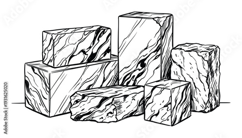 Polished marble blocks and granite slabs with natural vein patterns in hand drawn style