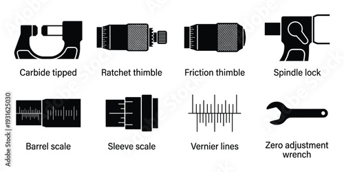 Precision micrometer parts and measurement scale icons for engineering and mechanical tool documentation