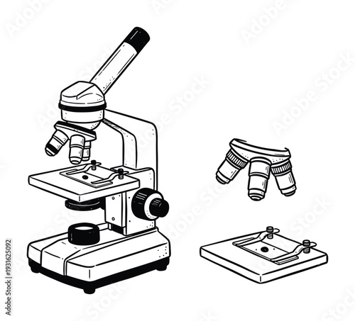 Scientific microscope with objective lenses and specimen stage in detailed black and white line art