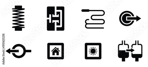 Set of black simple icons showing various industrial elements, home automation, and energy symbols