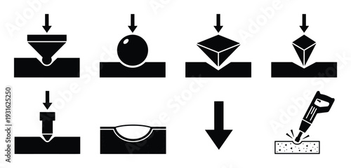 Set of black simple icons showing various types of hardness tests and demolition methods