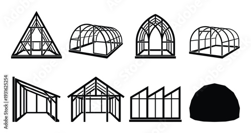 Set of black simple icons showing various types of greenhouse and hothouse frames