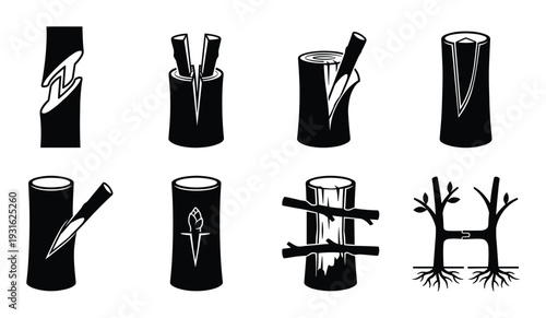 Set of black simple icons showing various types of tree grafting and plant cutting techniques