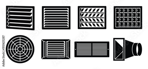 Set of different ventilation grilles and air ducts icons on transparent background