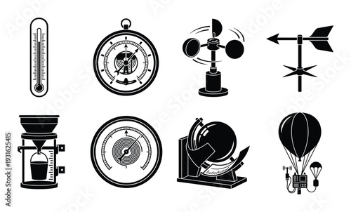 Set of eight weather instruments and measuring devices, isolated on transparent background, science and meteorology