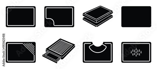 Set of eight rectangular car mats and cabin filters in black silhouettes on transparent background