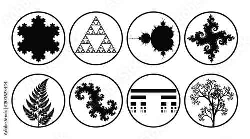 Set of fractal geometry shapes in circles black silhouette vector icons