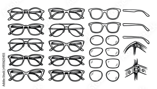 Set of glasses frames and optical elements hand drawn vector illustration