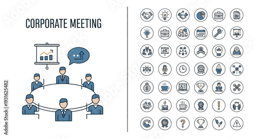 A comprehensive collection of colored icons representing corporate meetings, business teamwork, strategic planning, and communication concepts, presented on an isolated white background.
