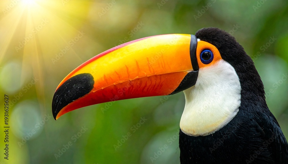 Fototapeta premium Vibrant Toucan with a striking orange and yellow beak in close-up profile, illuminated by sunlight in a lush tropical jungle environment.