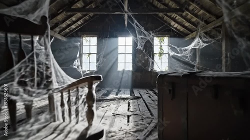 Dusty attic with spiderwebs and an old rocking chair bathed in light