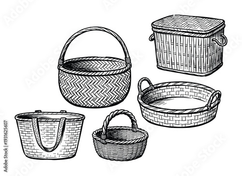 Set of woven baskets for storage and decoration, hand drawn style