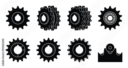 Sprocket gear vector set, chain drive gear, cogwheel with teeth black silhouette for machinery