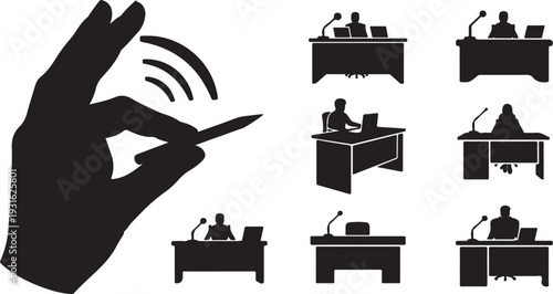 Silhouette of hand holding phone with communication symbols around