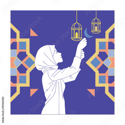 A young girl in a white dress reaches up to hang a lantern on a blue background with geometric patterns

