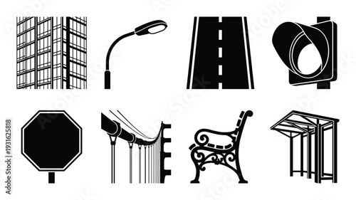 Urban city infrastructure and street furniture black silhouette set