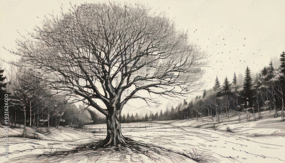Fototapeta Monochrome Tree Drawing - A Detailed Depiction of Winters Stillness.