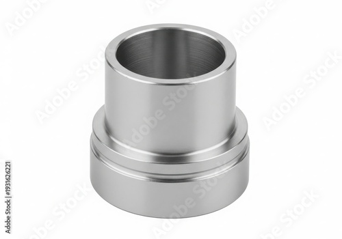 Shiny metal bushing with a smooth inner surface and a threaded outer edge isolated on white background