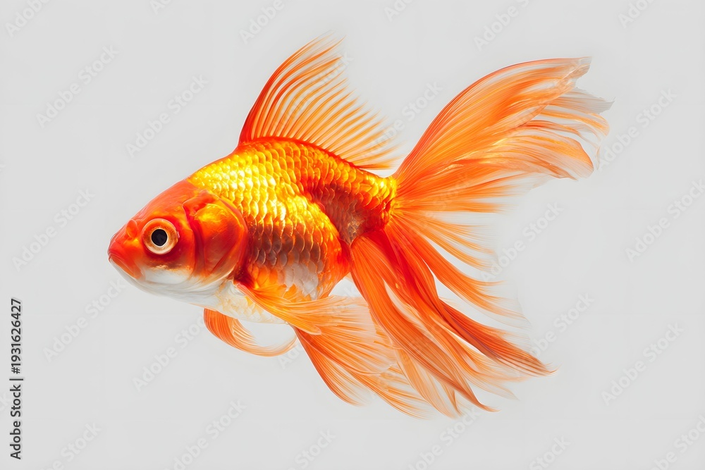 Fototapeta premium High-res image of an orange goldfish with flowing fins on white background.