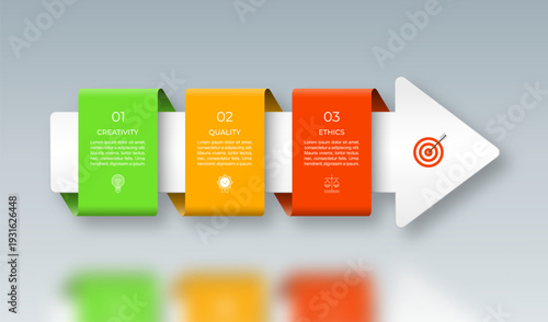 Infographic vector timeline template designed as a right-facing arrow with three step-by-step color blocks for text, icons, and numbers. Suitable for for web, diagram, chart, graph, presentation.