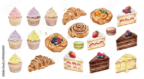PNG cut out isolated background. A hand-drawn watercolor collection of various bakery desserts, featuring frosted cupcakes, croissants, fruit danishes, macarons, and slices of cake.