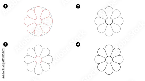 Step by Step Flower Drawing Tutorial for Beginners in Clean Outline Style with Four Panels