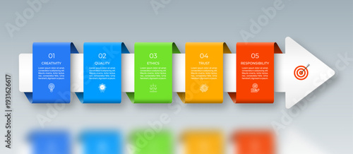 Infographic vector timeline template designed as a right-facing arrow with five step-by-step color blocks for text, icons, and numbers. Suitable for for web, diagram, chart, graph, presentation.
