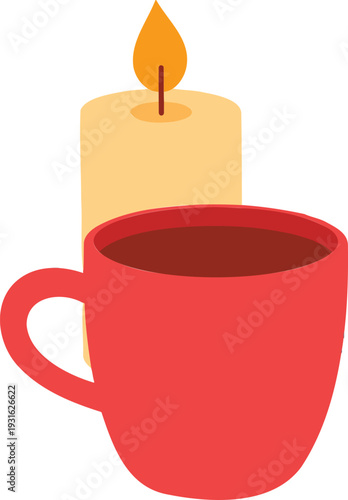 Cozy winter scene with hot drink, candle, and warm scarf