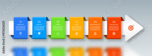 Infographic vector timeline template designed as a right-facing arrow with six step-by-step color blocks for text, icons, and numbers. Suitable for for web, diagram, chart, graph, presentation.