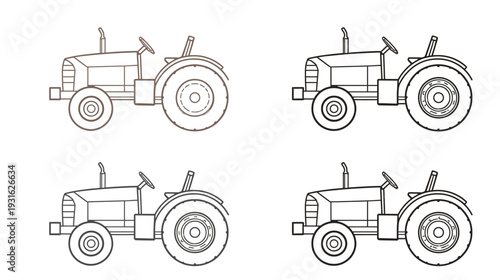 Simple Tractor Illustration for Kids, Four Panels, Black Outline, Coloring Book Style