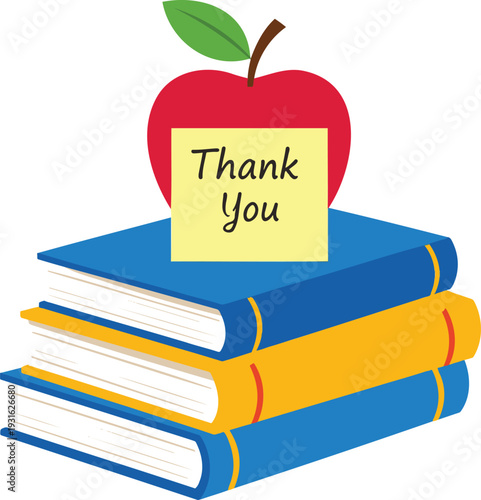 Colorful stack of books with thank you note and apple on top