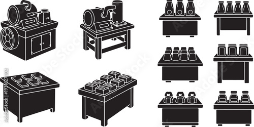 Industrial machinery and equipment illustrations in black and white