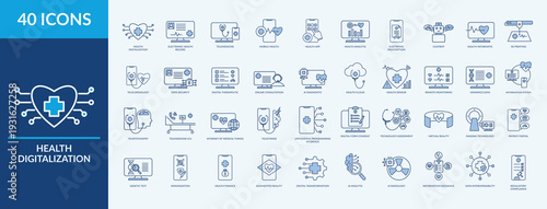 Editable 40 Health Digitalization icons for web and mobile. Set of included icons patient portal, electronic health record, electronic prescription and more.